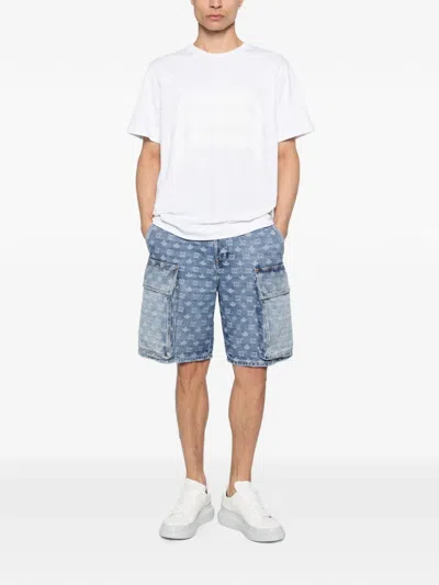 Dsquared2 Blue Five-pocket Bermuda Shorts With All-over Monogram Logo And Two Cargo Pockets In Denim Man