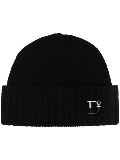 DSQUARED2 MONOGRAM-PLAQUE KNITTED BEANIE