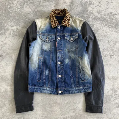 Pre-owned Dsquared2 Mud Washed Hybrid Leather Trucker Jacket Ss2013 In Blue