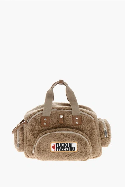 Dsquared2 Multi-pocket Teddy Bag With Leather Details In Neutral