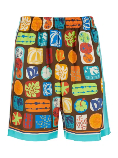 Dsquared2 Multicolor Bermuda With Elastic Waist And All-over Graphic Print In Silk Man In Blue/brown