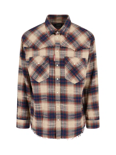Dsquared2 Multicolor Check Cotton Shirt With Classic Collar In Brown