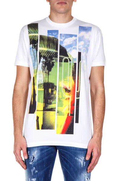 Dsquared2 Multicolor Graphic Design Short Sleeve Crew Neck T-shirt In White/multi