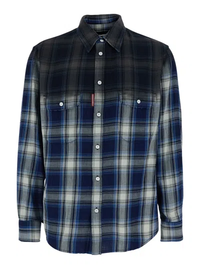Dsquared2 Multicolor Long-sleeved Shirt With Faded Effect In Cotton Man In Blue