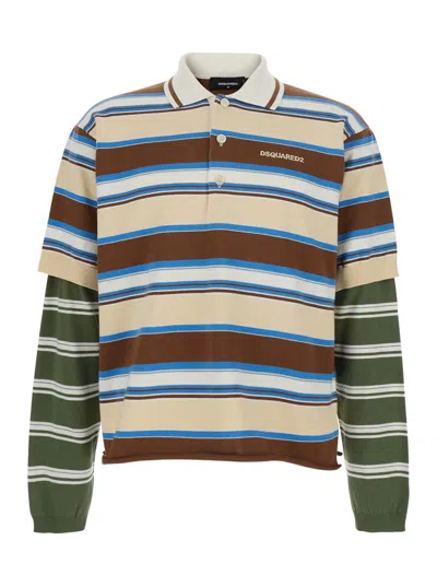 Dsquared2 Multicolor Polo Shirt With Logo Lettering On The Front And All-over Striped Print In Cotton Man
