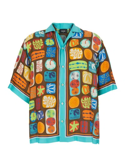 Dsquared2 Multicolor Shirt With Cuban Collar And All-over Printed Motif In Silk Man