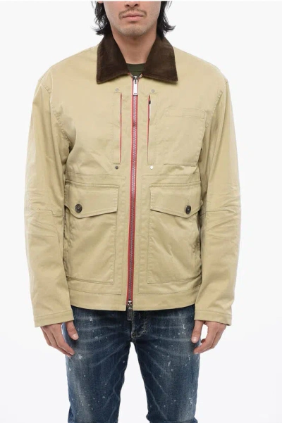 Dsquared2 Multipocketed Heritage Jacket With Corduroy Collar In Beige