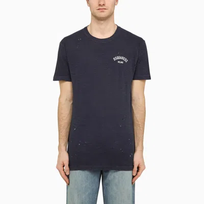 DSQUARED2 NAVY BLUE COTTON BLEND T-SHIRT WITH LOGO