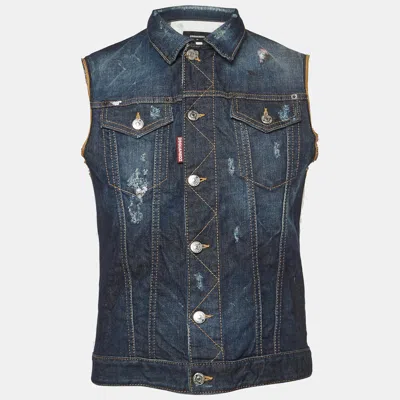 Pre-owned Dsquared2 Navy Blue Distressed Denim Waistcoat M