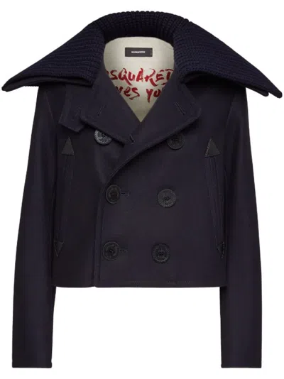 DSQUARED2 NAVY BLUE DOUBLE-BREASTED CROPPED PEACOAT