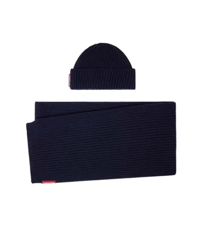Dsquared2 Navy Blue Knitted Beanie Set In Red