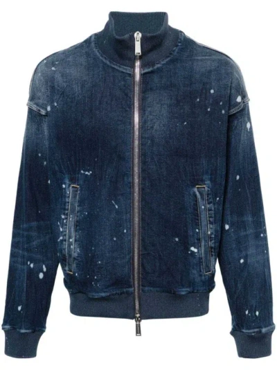 Dsquared2 Navy Blue Logo-print Denim Bomber In Black