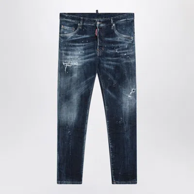 Dsquared2 Navy Blue Washed Denim Jeans With Wear Men