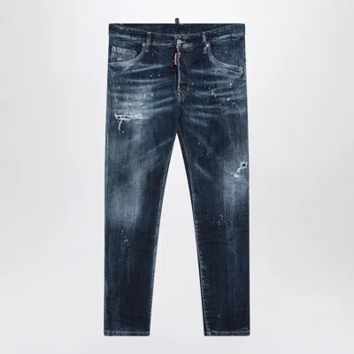 Dsquared2 Navy Washed Denim Jeans With Wear In Blue