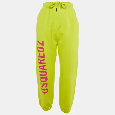 Dsquared2 Neon Green Cotton Knit Logo Printed Joggers Xs