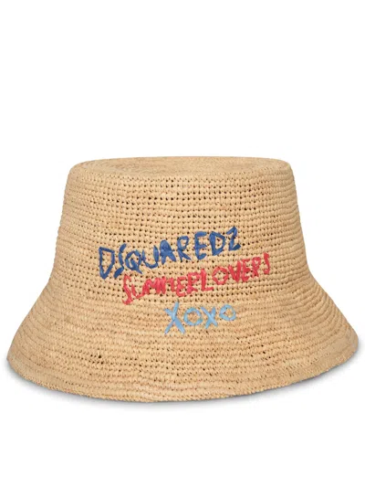 Dsquared2 Nude Raffia Bucket Hat In Brown
