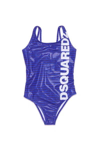 Dsquared2 Kids' One-piece Swimsuit With Printed Logo In Blue