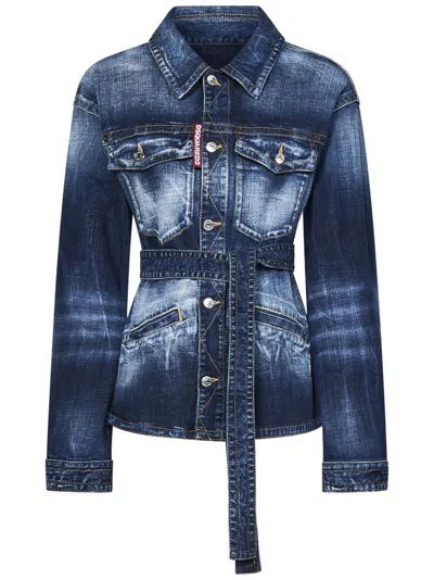 Dsquared2 Oversized Blue Stretch Cotton Denim Shirt With Distressed Finish