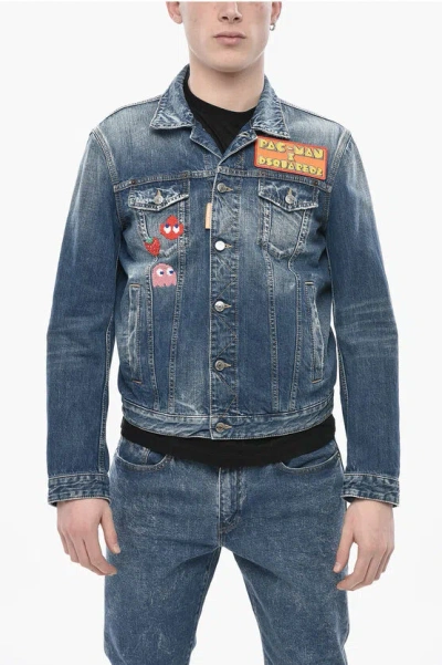 Dsquared2 Pac-man Denim Jacket Dan With Embroidery In Blue