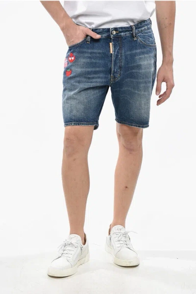 Dsquared2 Pac-man Denim Marine Shorts With Embroideries In Blue