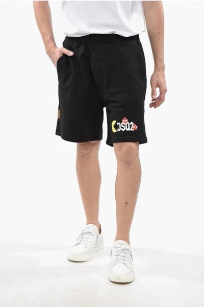 Dsquared2 Pac-man Solid Color Relax Fit Shorts With Frontal Print In Black