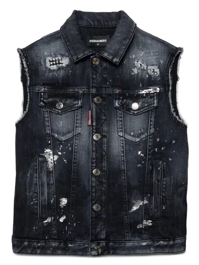 Dsquared2 Kids' Paint Splatter Denim Vest In Blue