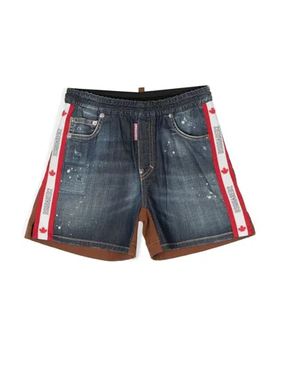 Dsquared2 Kids' Paint-splatter Patchwork Shorts In Blue