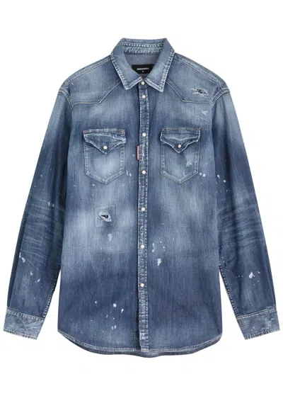 Dsquared2 Paint-splatter Stretch-denim Shirt In Navy