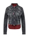 Dsquared2 Cropped Raw Hem Denim Jacket W/ Checked Shirt Insert In Black