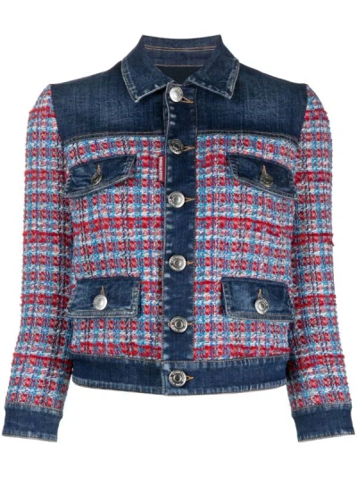 Dsquared2 Panelled Denim With Intarsia Knit Jacket In Blue
