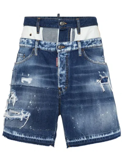 Dsquared2 Panelled Distressed-effect Denim Shorts In Blue