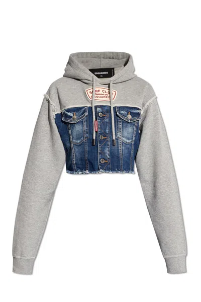 Dsquared2 Panelled Crop Hoodie In Blue/grey