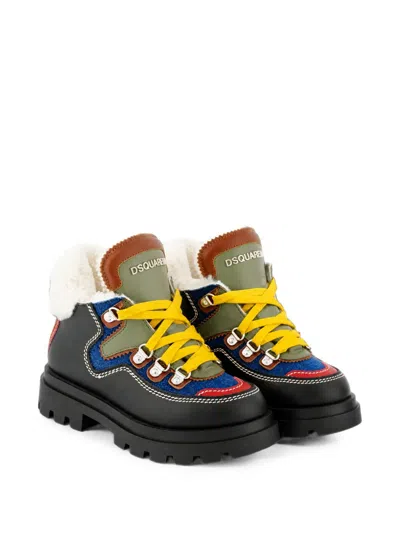Dsquared2 Kids' Panelled Shearling-trim Sneakers In Black