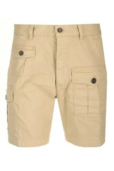 Dsquared2 Men Beige Bermuda With Asymmetric Cargo Pockets And Belt Loops In Cotton Man In Neutral