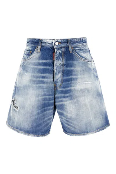 Dsquared2 Boxer Fit Cotton Denim Shorts In Navy Blue