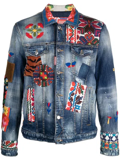 Dsquared2 Patchwork-detail Denim Jacket In Blue