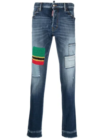Dsquared2 Patchwork-detail Slim-fit Jeans In Blue