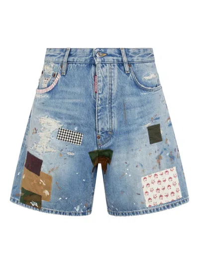 Dsquared2 Patchwork Medium Wash Boxer Shorts In Blue