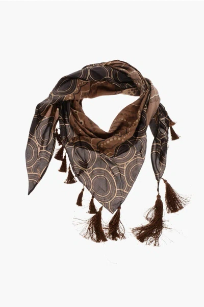 Dsquared2 Patterned Silk Foulard With Fringes In Brown