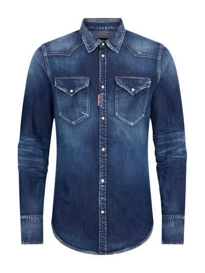 Dsquared2 Perfecto Wash Classic Western Shirt In Blue