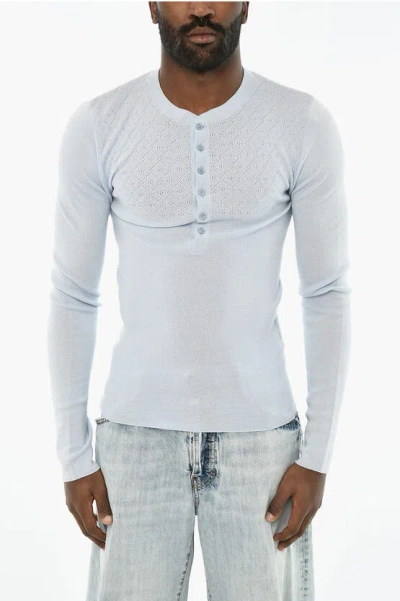Dsquared2 Perforated Wool Crew-neck Sweater With Half Buttons In Blue