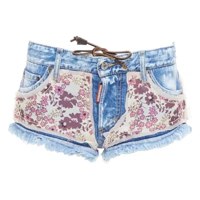 Pre-owned Dsquared2 Pink Floral Patch Blue Denim Logo Cut Off Mini Shorts It38 Xs