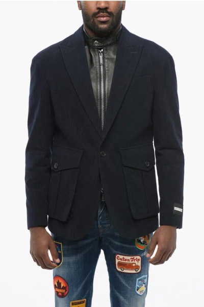 Dsquared2 Pinstriped Blazer With Leather Chest Piece In Blue