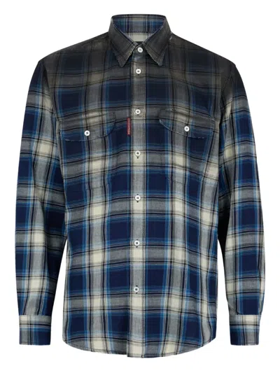 Dsquared2 Multicolor Long-sleeved Shirt With Faded Effect In Cotton Man In Blue