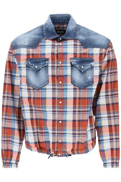 DSQUARED2 PLAID WESTERN SHIRT WITH DENIM INSERTS FOR MEN