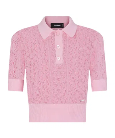 Dsquared2 Pointelle-knit Cropped Polo Top In Pink