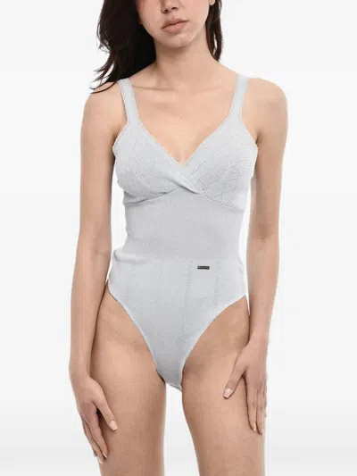 Dsquared2 Pointelle-knit V-neck Bodysuit In Gray
