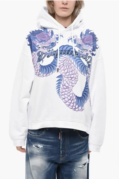 Dsquared2 Printed Brushed Cotton Hoodie Relaxed Fit In White