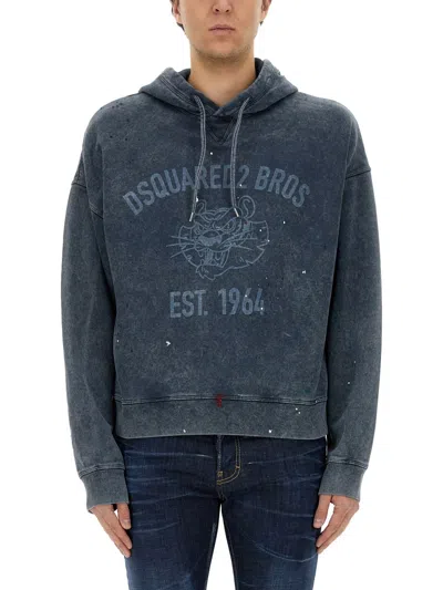 Dsquared2 Printed Cypro Fit Cotton Fleece Hoodie In Blue
