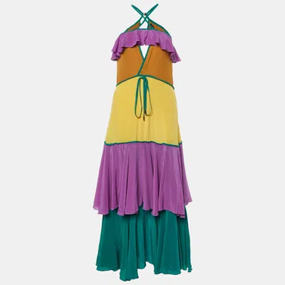 Dsquared2 Purple Colorblock Silk Ruffled Sleeveless Long Dress In Multi